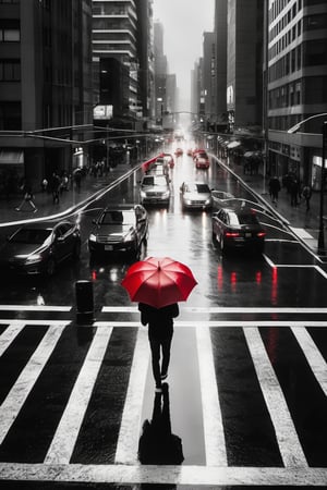 xxmixgirl,aerial shot of a busy city street in the rain, view from above, abstract, black and white, b&w, traffic, cars, people, (teenage boy crossing the street at a crosswalk with a red umbrella:1.3), outstanding composition, rule of thirds, abstract, shapes, form, insane detail, tack sharp, 8k canon r5, film grain, iso 200, cinematic lighting, physics-based rendering, ultra high res, (photorealistic:1.4), masterpiece, extreme detail