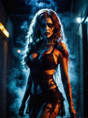 sexy zombie, the most beautiful long thick messy hair , halloween style,   
,full body, dark city, ghosts arround, neon dramatic light, steam, professional photography detailed, sharp focus, dramatic, award-winning, action lighting,