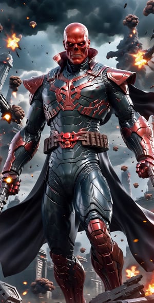 "Visualize Red Skull, the sinister villain, donning a Hi-Tech suit of armor that marries his malevolence with advanced technology. In his hand, he grips a futuristic, lethal Hi-Tech gun, ready to unleash devastation. The scene is set against a backdrop of explosive chaos, underscoring the volatile and treacherous nature of his ambitions." Full body, 