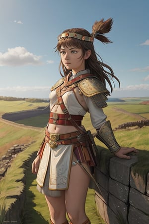 Pictish warrior girl, on Hadrian's Wall, observing the horizon.  open plan.  whole body.  perfect face.