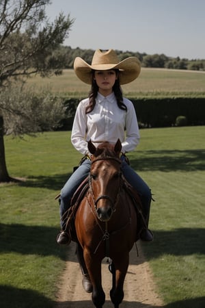 una joven niña arriba de un poni, con un sombrero de vaquero cabalgando por el jardin