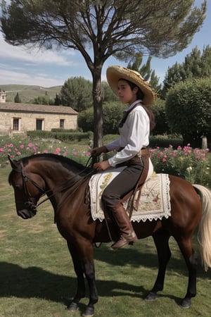 una joven niña arriba de un poni, con un sombrero de vaquero cabalgando por el jardin