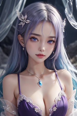 girl in purple icicles cave wearing purple outfit, A look tinged with joy,Ephemeral woman, with purple crystal, Soft lighting, anime moe art style,((They are very focused:1.5)), big tits,extremely detailed eye and face、beatiful detailed eyes, blue eyes, Beautiful skins, finely detail、smooth hair,detailed hairs,Very fine hairs, light purple hair, Cool color makeup,Lowered eyebrows、Whitening effect,thin and thin eyebrows,milky skin, ruby concentrate on the venue, extremely fair skin, cleavage, purple crystals, ariel view,