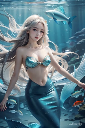 A full-length image, Alafed woman in under ocean venue wearing mermaid suit, A look tinged with joy,Ephemeral woman, With fishes, Kantai Collection Style, Soft lighting, with fishes,  anime moe art style,i am a mermaid ((They are very focused:1.5)),big tits,extremely detailed eye and face、beatiful detailed eyes,Beautiful skins,finely detail、smooth hair,detailed hairs,Very fine hairs,Cool color makeup,Lowered eyebrows、Whitening effect,thin and thin eyebrows,milky skin, fishes concentrate on the venue,(A scene from the venue),((The gaze is looking at the venue)), breathing underwater, water bubbles, flowy hair,