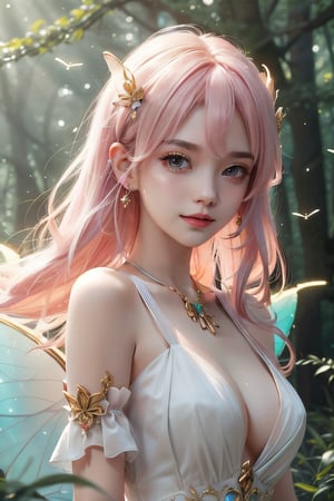 Alafed woman in fantasy forest venue wearing fairy dress, A look tinged with joy,Ephemeral woman, With revolver, Kantai Collection Style, Soft lighting, with fairy wings,  anime moe art style,i am a fairy((They are very focused:1.5)),big tits,extremely detailed eye and face、beatiful detailed eyes,Beautiful skins,finely detail、smooth hair,detailed hairs,Very fine hairs,pink hair, Cool color makeup,Lowered eyebrows、Whitening effect,thin and thin eyebrows,milky skin, mystical insects concentrate on the venue,(A scene from the venue),((The gaze is looking at the venue)), floating elemental magic in the forest,