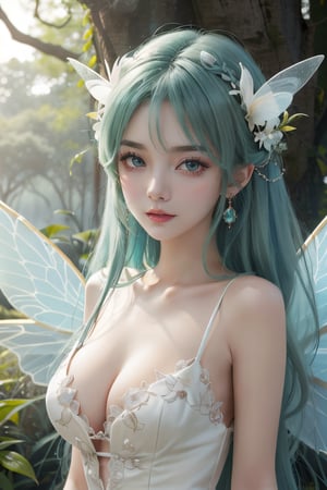 A full-length image, Alafed woman in fantasy forest venue wearing fairy dress, A look tinged with joy,Ephemeral woman, With revolver, Kantai Collection Style, Soft lighting, with fairy wings,  anime moe art style,i am a fairy((They are very focused:1.5)),big tits,extremely detailed eye and face、beatiful detailed eyes,Beautiful skins,finely detail、smooth hair,detailed hairs,Very fine hairs,light green hair, Cool color makeup,Lowered eyebrows、Whitening effect,thin and thin eyebrows,milky skin, mystical insects concentrate on the venue,(A scene from the venue),((The gaze is looking at the venue)), casting magic,