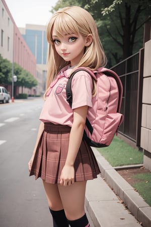 Young girl, semi-long blonde hair, pink school shirt, pink backpack on her back, brown school shoes, brown plaid school skirt, black knee-high school socks
