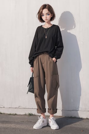 young girl, welder glasses, loose brown pants with pockets,
White shoes,military necklace,Weekend Collective double layer long sleeve t-shirt in charcoal wash