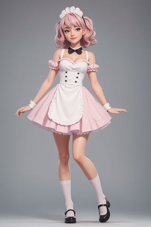 character sheet, beautiful, good hands, full body, good body, 18 year old girl body, sexy pose, full_body,character_sheet, shoulder length fluffy semi wavy hair, pink hair, maid clothes, white stockings, looking to the camera, playful bulldog puppy