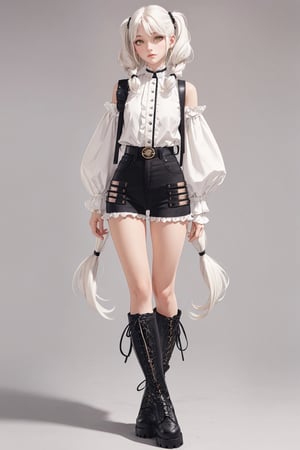 young girl, shoulder length wavy white hair with pigtails, good body, ,black hairpin in hair,Wide Fit Anchor chunky lace up boots in black, volume sleeved soft shirt with ruffle cuffs in ivory, croc double circle waist and hip belt,SAM YANG, Tall skinny jean in black, super skinny jeans in black