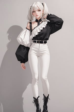 young girl, shoulder length wavy white hair with pigtails, good body, ,black hairpin in hair,volume sleeved soft shirt with ruffle cuffs in ivory, croc double circle waist and hip belt,SAM YANG,
Tall skinny jean in black with Wide Fit Anchor chunky lace up boots in black