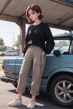 young girl, welder glasses, loose brown pants with pockets,
White shoes,military necklace,Weekend Collective double layer long sleeve t-shirt in charcoal wash,girl fixing a car