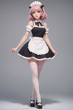 character sheet, beautiful, good hands, full body, good body, 18 year old girl body, sexy pose, full_body,character_sheet, shoulder length fluffy semi wavy hair, pink hair, maid clothes, white stockings, maid black shoes