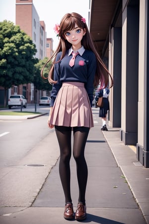  student clothes, beautiful, good hands, full body, good body, 18 year old girl body, school shoes, school skirt, school shirt, black shoes, sexy pose, full_body, school_uniform, shoes_black, with  school_shoes_black, arcane style, clothes with accessories, denier tights in beige, stockings_colorbeige, brown hair, straight hair, fair skin, light eyes, red flower in the girl's hair,1girl,blue eyes,long hair, pink hair,akari watanabe