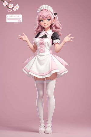 character sheet, beautiful, good hands, full body, good body, 18 year old girl body, sexy pose, full_body,character_sheet, shoulder length fluffy semi wavy hair, pink hair, maid clothes, white stockings, looking to the camera, Simple Sakura,Sakura background, background flowers