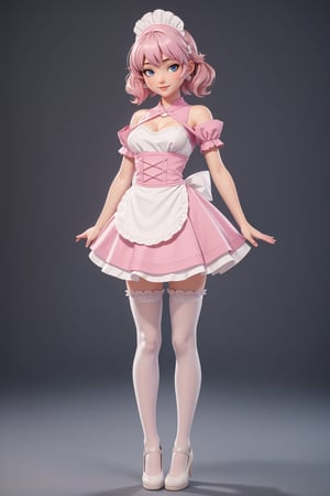 character sheet, beautiful, good hands, full body, good body, 18 year old girl body, sexy pose, full_body,character_sheet, shoulder length fluffy semi wavy hair, pink hair, maid clothes, white stockings, looking to the camera, Simple Sakura