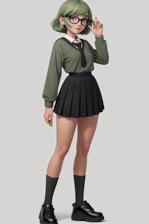 character sheet, beautiful, good hands, full body, good body, 18 year old girl body, sexy pose, full_body,character_sheet, looking to the camera, Short wavy green hair, with black round glasses, ecolar clothes, black school shoes, school Stockings,magazine cover,Simple Sakura