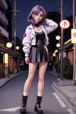 good hands, good body, 18 year old girl, purple_hair, short semi wavy shoulder length straight hair, japanese night street background,fujimotostyle,short white stocking,red rose tattoo on_neck,relaxed pose full_body,black skirt, white shirt, black leather jacket,chunky ankle boots in black