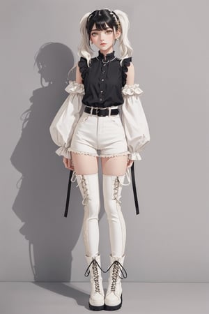 young girl, shoulder length wavy white hair with pigtails, good body, ,black hairpin in hair,Wide Fit Anchor chunky lace up boots in black, volume sleeved soft shirt with ruffle cuffs in ivory, croc double circle waist and hip belt,SAM YANG, Tall skinny jean in black