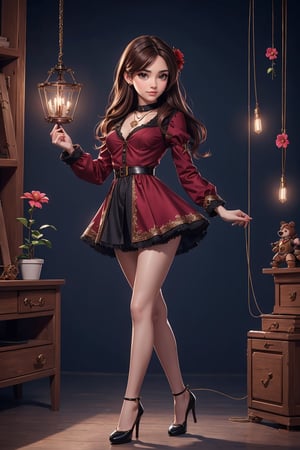 beautiful, good hands, full body, good body, 18 year old girl body, sexy pose, arcane style, clothes with accessories, brown hair, straight hair, fair skin, light eyes, red flower in the girl's hair,1girl,glitter,shiny,Marionette, mechanical heart necklace,textured long sleeve mini dress with button front and collar in burgundy,Priority platform high heeled shoes in black