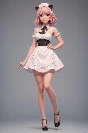 character sheet, beautiful, good hands, full body, good body, 18 year old girl body, sexy pose, full_body,character_sheet, shoulder length fluffy semi wavy hair, pink hair, maid clothes, white stockings, looking to the camera,playful bulldog puppy