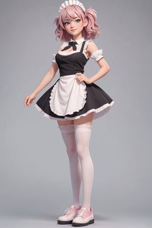character sheet,looking to the camera,beautiful, good hands, full body, good body, 18 year old girl body,sexy pose, full_body,character_sheet, shoulder length fluffy semi wavy hair, pink hair,maid clothes, white stockings, greeting pose,maid black shoes, body with good geometry