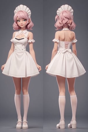 character sheet, beautiful, good hands, full body, good body, 18 year old girl body, sexy pose, full_body,character_sheet, shoulder length fluffy semi wavy hair, pink hair, maid clothes, white stockings, looking to the camera