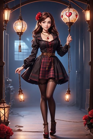 beautiful, good hands, full body, good body, 18 year old girl body, sexy pose, arcane style, clothes with accessories, brown hair, straight hair, fair skin, light eyes, red flower in the girl's hair,1girl,glitter,shiny,Marionette, mechanical heart necklace,Priority platform high heeled shoes in black, oversized mini shirt dress in cream plaid