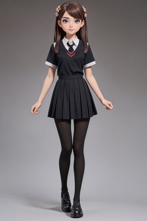 character sheet, student clothes, beautiful, good hands, full body, good body, 18 year old girl body, school shoes, school skirt, school shirt, black shoes, sexy pose, full_body, with small character_sheet, school_uniform, shoes_black, with  school_shoes_black, arcane style, clothes with accessories, denier tights in beige, stockings_colorbeige, brown hair, straight hair, fair skin, light eyes, red flower in the girl's hair,1girl