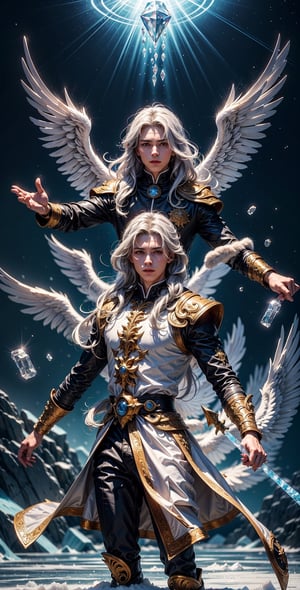 Craft and image of and extremely handsome 20 years old boy who is and ice wizard with his long white hair and white wings like that of and angel holding an ice warnd casting a magical spell masterpiece fantasy world ice background 