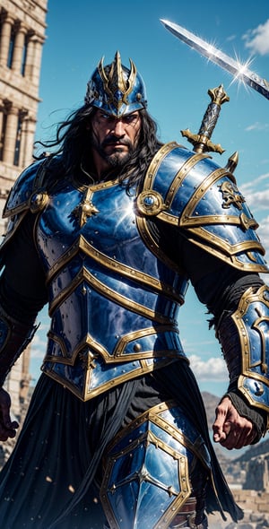  a strong warrior man in shining golden and black armor with a sword and shield:

"Generate an image of a formidable warrior, exuding strength and valor. He is adorned in a resplendent suit of armor, polished to a brilliant golden hue with accents of deep black. The armor gleams with an awe-inspiring shine, a testament to his unwavering commitment to honor and duty.

In one hand, he holds a mighty sword, its blade reflecting the light with a radiant glimmer. The sword embodies his martial prowess and unwavering resolve. In his other hand, he grasps a sturdy shield, emblazoned with symbols of protection and courage.

This warrior stands tall and resolute, a symbol of indomitable spirit and the guardian of his realm. The background should be a grand and epic setting, perhaps a castle courtyard or a battlefield, further accentuating his heroic presence.

Capture the essence of this strong warrior in all his glory, a beacon of valor and chivalry in a world of challenges and adventure." ,DonMASKTex 