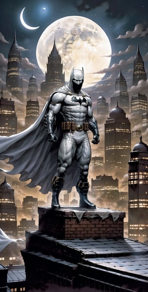 "Create an image of the iconic superhero Moon Knight standing on a moonlit rooftop, his white costume reflecting the soft glow of the moon. He gazes out into the city, vigilant and ready to protect the night from any threats that may arise."