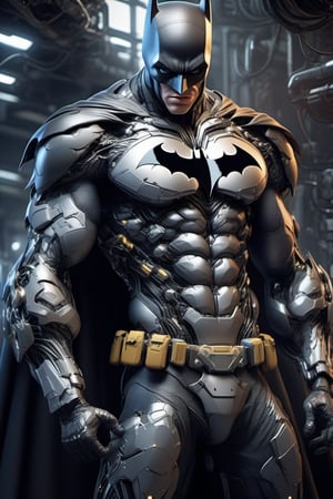 A 20 years old boy extremely handsome putting on a cyborg batman suit muscular body deadly lock high tech armor detailed body 