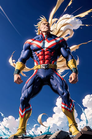 Description: Create an image of the iconic character from My Hero Academia, All Might, showcasing his immense power. The image should depict All Might in his hero form, with his muscles bulging and his iconic red, white, and blue costume. He should be using his signature move, "Plus Ultra Wind Wave," where he gathers energy and unleashes a powerful shockwave of wind and force. The impact of the wind wave should be visible, with debris being blown away and a dynamic pose that conveys his heroic determination. The background could show the cityscape, emphasizing the scale of his impact.