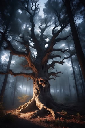 An eerie forest scene featuring a skull-shaped tree at the center, its bark resembling weathered bone texture, moonlight filtering through twisted branches, casting haunting shadows on the ground, evoking a sense of mystery and darkness, Photography, taken with a wide-angle lens (24mm) to capture the expanse of the forest, low aperture (f/2.8) for shallow depth of field,