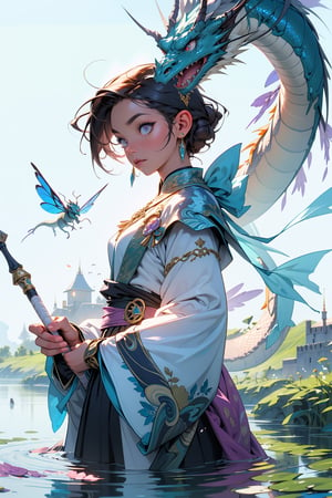 (masterpiece), best quality, 1boy, warrior, holding_magic staff, casting purple magic, Water, castles, dragon fly, glowing, wide shot, flying, acient temples, intricate details, pink particles swirling ,EnvyBeautyMix23, fantastic vibe, finalfantasy, perfect anatomy, 
