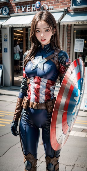 A 20 years old girl extremely beautiful and gorgeous yourn putting on a captain America suit sexy body holding a captain America shield at her right hand people surrounds her 