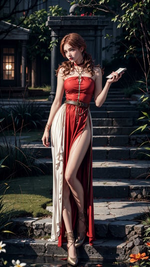 Aphrodite , 1 girl read a book, full body potrait of a photorealistic beautiful seductress, messy hair, in a greek garden, exotic white and gold vilain dress, choker style colar, bright color eyes, full body, dark fantasy, flowers, sun rays, overcast, dynamic pose, ,vanille