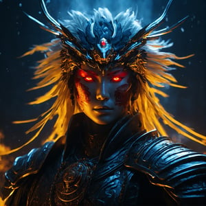 (1man, a Ronin warrior, flaming blue veins), (samurai:1.2), black and gray tones, black flame (masterpiece, best quality, ultra-detailed, best shadow), (detailed background,dark fantasy), (handsome detailed face), (best illumination, an extremely delicate and beautiful), ((cinematic light)), dark colors, hyper detail, dramatic light, intricate details, (yellow hair, sharp face, red amber eyes, dynamic angle), blood splatter, swirling black light around the character, (((depth of field))), light particles,magic circle, Spirit Sonic Pendant,Nine tail fox,full size,Yae Miku,Eagle,cyborg style, portrait, painting by jakub rozalski,mecha,biopunk style,robot,biopunk,aw0k, straightsylum,greg rutkowski,(Leaf),Movie Still,Film Still,Cinematic,(acient temple),bingnvwang, glow