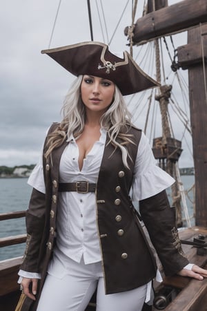 pirate girl, sailing on pirate ship, old pirate ship, solo_focus, female captain, female_pirate, sexy pose, sexy body, curvy_figure, silver_eyes, weaing eyepatch, ((girl wearing pirate outfit, white shirt, brown long coats, pirate hat))