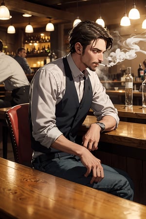 A man smoking cigarettes and sitting in the bar