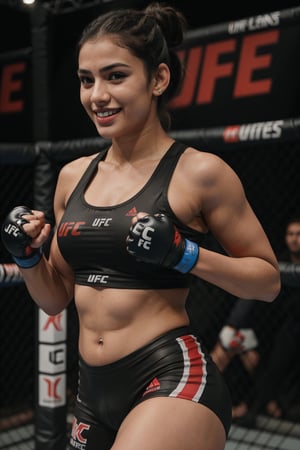 photo of indian girl, ( indian girl mma fighter, ufc champion) ( cage fighting, mma, kick boxing, ufc), (hair_tied), ( sexy_body, curvy_figure, curvy_body ), ((smilling girl)), ((solo_female, solo_focus)), ((( 1girl, only one girl ))), blurry_background,best_hands, better_quality_hands, correct_anatomy, correct fingers_alignment