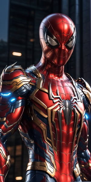 Angry spiderman mecha robo soldier character, anthropomorphic figure, wearing futuristic mecha soldier armor and weapons, reflection mapping, realistic figure, hyperdetailed, cinematic lighting photography, 32k uhd with a golden staff, red lighting on suit, 

By: panchovilla,mecha