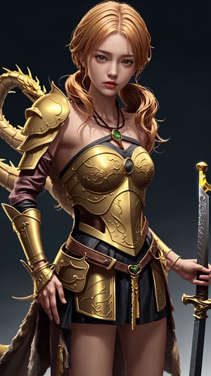 A girl in dragon armor with a golden sword and a golden dragon 