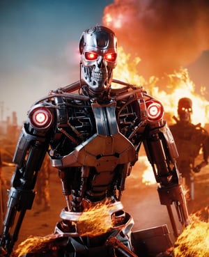 (lora:T800Endoskeleton-10:0.8), (RAW photo, real life, absurdres, high quality, photorealistic, detailed, realistic:1.3), (solo:1.3), ((dynamic pose)), a high resolution comic book art photo of a T800Endoskeleton robot with red eyes and metal skull face and chrome metal body and holding a futuristic gun shooting lasers, standing on a hill of skulls, dark sky and fire and flames and smoke and explosions and robots and post apocalypse war in the background, cinematic, atmospheric, 8k, realistic lighting, shot by Hassleblad H6D, Zeiss, Kodachrome, nikon, 50mm 1.2 lens, Octane Render, ultra realistic, realistic lighting, photorealistic, photorealism, photoreal, unreal engine 5, Adobe After FX, highly detailed, intricate detail