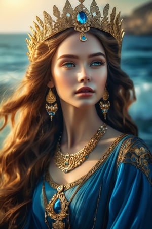 (Portrait of a beautiful woman wearing blue dress), Goddess of the Sea (long brown hairstyle:1.2), Golden earing, Golden crown, Golden necklace. holding a triden, Ultra high resolution, 16k, extremely-detailed face, intricately detailed, award winning photo, trending on arstation, cinematic lighting, lighting (Complex-background, sea and sky background), Ocean theme, sunrise, lens flare,