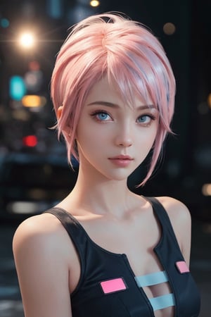 (Portrait of a beautiful woman wearing white and pink cyberpunk outfit), young (19 years old), (short blue and pink hairstyle:1.4), blue eyes, extremely detailed face (skin texture), looks at the camera, hyper-detailed, award winning photo, masterpiece, trending on artstation, unreal engine 5, intricately detailed, hyper-realistic, (Realisticity:1.6), Ultra high resolution, 8k, cinematic, (complex-background, creative background), Cyberpunk theme, vibrant glowing cityscape, perfect scenery, cinematic lighting, lighting, lens flare, feminine pose, upper body