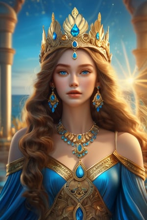 (Portrait of a beautiful woman wearing blue dress), Goddess of the Sea (long brown hairstyle:1.2), perfect anatomy, blue eyes, Golden earing, Golden crown, Golden necklace. holding a triden, Ultra high resolution, 16k, extremely-detailed face, intricately detailed, award winning photo, trending on arstation, cinematic lighting, lighting (Complex-background, sea and sky background), Ocean theme, sunrise, lens flare,