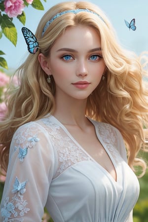 (Portrait of a beautiful woman wearing long white dress), (long blonde curly hair:1.2), light blue eyes, perfect anatomy, perfect face, looks at the camera, hyper-detailed, intricately detailed, perfect lighting, flowery hairband, butterflies flying, (outdoor background), nature, flowers, volumetric, vibrant, sunlight, sexy pose