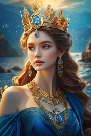 (Portrait of a beautiful woman wearing blue dress), Goddess of the Sea (long brown hairstyle:1.2), perfect anatomy, blue eyes, Golden earing, Golden crown, Golden necklace. holding a triden, Ultra high resolution, 16k, extremely-detailed face, intricately detailed, award winning photo, trending on arstation, top quality, cinematic lighting, lighting (Complex-background, sea and sky background), Ocean theme, sunrise, lens flare,